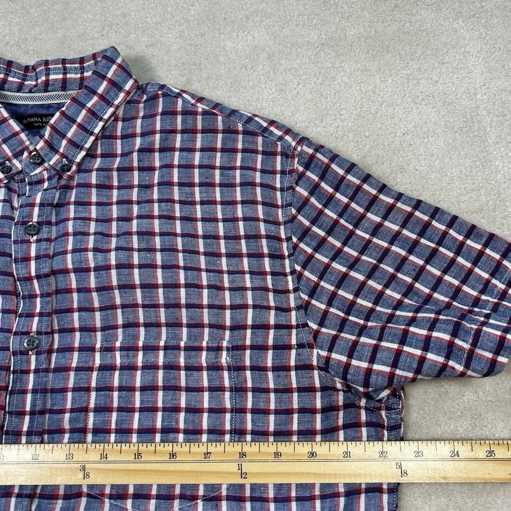Banana Republic Shirt Mens Large Camden Fit 100% Linen Button Up Plaid